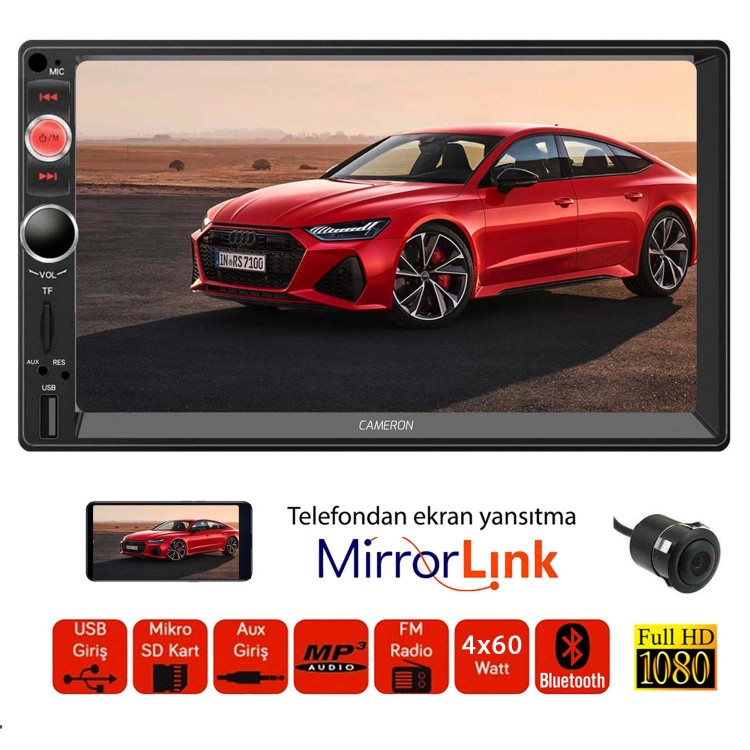 CAMERON 7 inç Mirror Link Double Teyp BT USB AUX SD Kumandalı Kameralı CM-7388 CAMERON 7 inç Mirror Link Double Teyp BT USB AUX SD Kumandalı Kameralı CM-7388