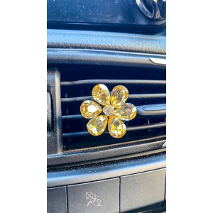 Kristal Damla Taşlı Çiçek Klima Havalandırma Izgara Süsü Klips Oto Kokusu Sarı