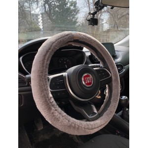 Kristal Taş Yüzüklü Yumuşak Tüylü Peluş Direksiyon Kılıfı Gri