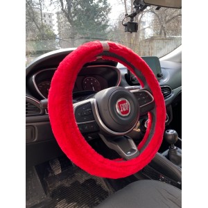 Kristal Taş Yüzüklü Yumuşak Tüylü Peluş Direksiyon Kılıfı Kırmızı