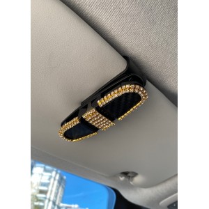 Kristal Taşlı Gözlük Kart Tutacağı 2 Klipsli 180° Döner Siyah Altın Sarı