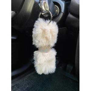 Kristal Taşlı Yumuşak Tüylü Peluş Puf Anahtarlık Bej