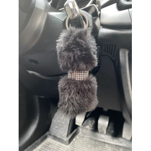 Kristal Taşlı Yumuşak Tüylü Peluş Puf Anahtarlık Siyah