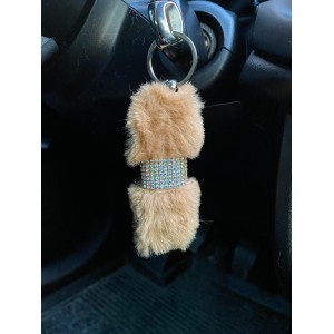 Kristal Taşlı Yumuşak Tüylü Peluş Puf Anahtarlık Kahverengi