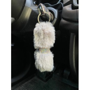 Kristal Taşlı Yumuşak Tüylü Peluş Puf Anahtarlık Gri