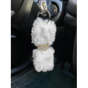 Kristal Taşlı Yumuşak Tüylü Peluş Puf Anahtarlık Beyaz