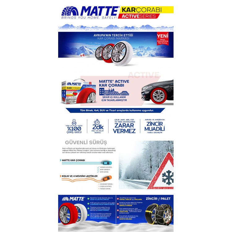 MATTE Active Series Oto Araba Lastik Anti Patinaj Kar Çorabı Kırmızı MEDIUM