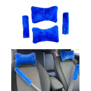 Peluş Ortopedik Araba Seyahat Boyun Yastığı Emniyet Kemer Pedi Seti Mavi