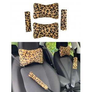 Peluş Ortopedik Araba Seyahat Boyun Yastığı Emniyet Kemer Pedi Seti Leopar