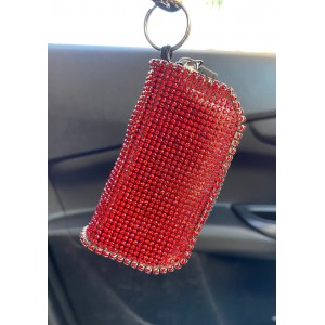 Kristal Taşlı Deri Mini Çantalı Cüzdan Oto Anahtarlık Kırmızı