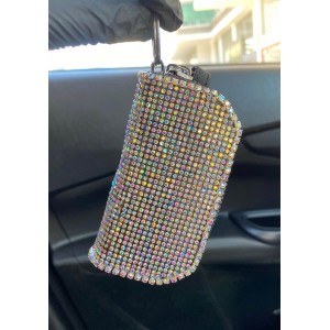 Kristal Taşlı Deri Mini Çantalı Cüzdan Oto Anahtarlık Gökkuşağı