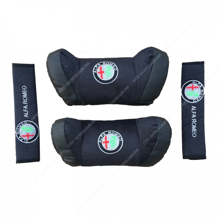 Alfa Romeo Nakışlı Deri Araç Boyun Yastığı Seti Siyah Alfa Romeo Nakışlı Deri Araç Boyun Yastığı Seti Siyah