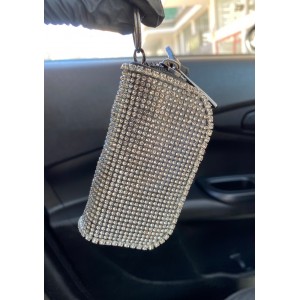 Kristal Taşlı Deri Mini Çantalı Cüzdan Oto Anahtarlık Gümüş