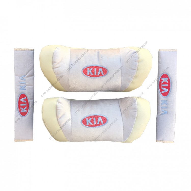 Kia Nakışlı Deri Araç Boyun Yastığı Seti Bej Kia Nakışlı Deri Araç Boyun Yastığı Seti Bej