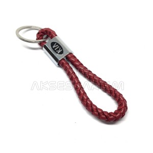 Kia Örgü İpli Deri Metal Oto Anahtarlık Kırmızı
