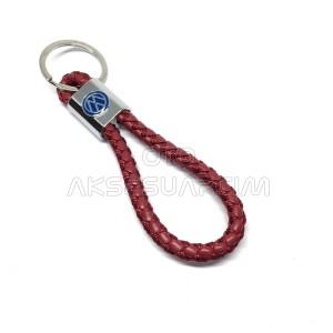 Volkswagen Örgü İpli Deri Metal Oto Anahtarlık Kırmızı