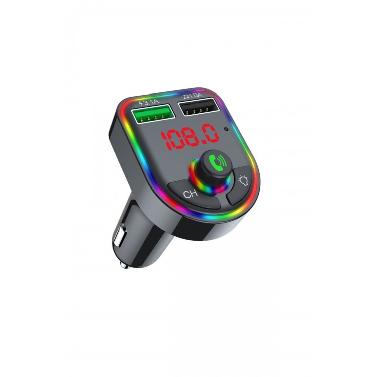 Car F6 RGB Bluetooth Araç Kiti FM Transmitter QC 3.1A Type-C Usb Şarj 12-24V