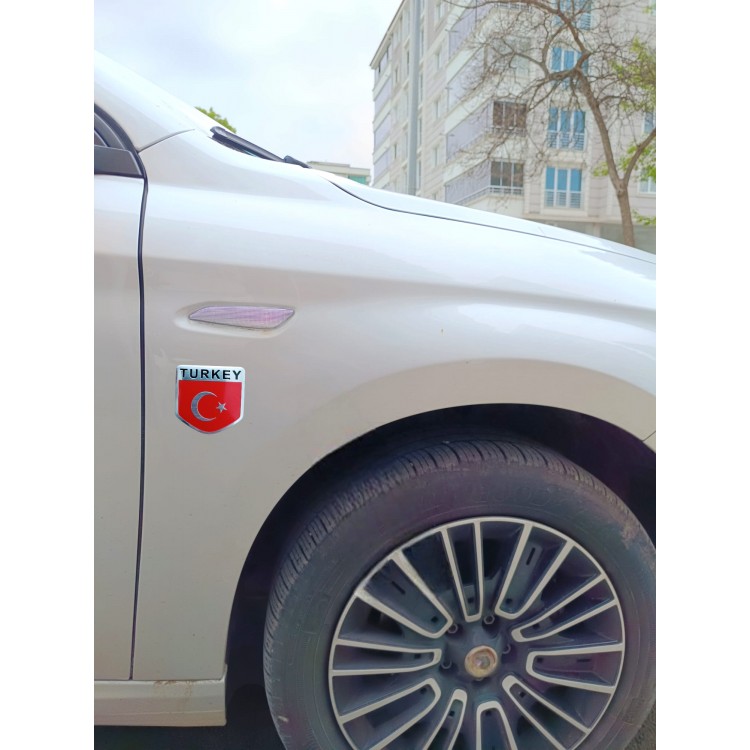 Türk Bayrağı Turkey Yazılı  Etiket Metal Sticker 5cm