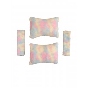 Peluş Ortopedik Araba Seyahat Boyun Yastığı Emniyet Kemer Pedi Seti Gökkuşağı