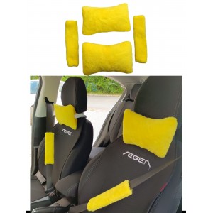 Peluş Ortopedik Araba Seyahat Boyun Yastığı Emniyet Kemer Pedi Seti Sarı