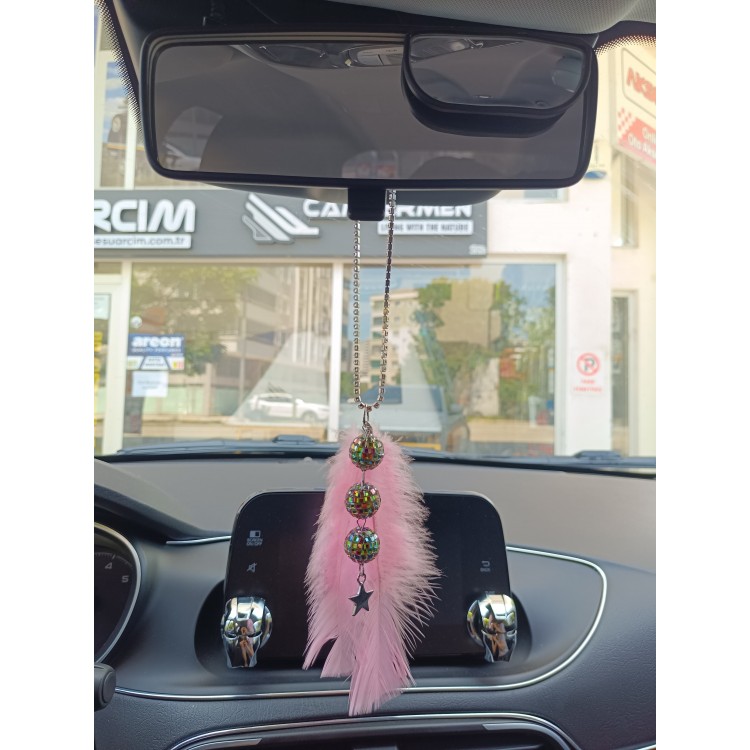 Disko Toplu Metal Yıldız Dikiz Ayna Süsü Şeker Pembe Tüylü