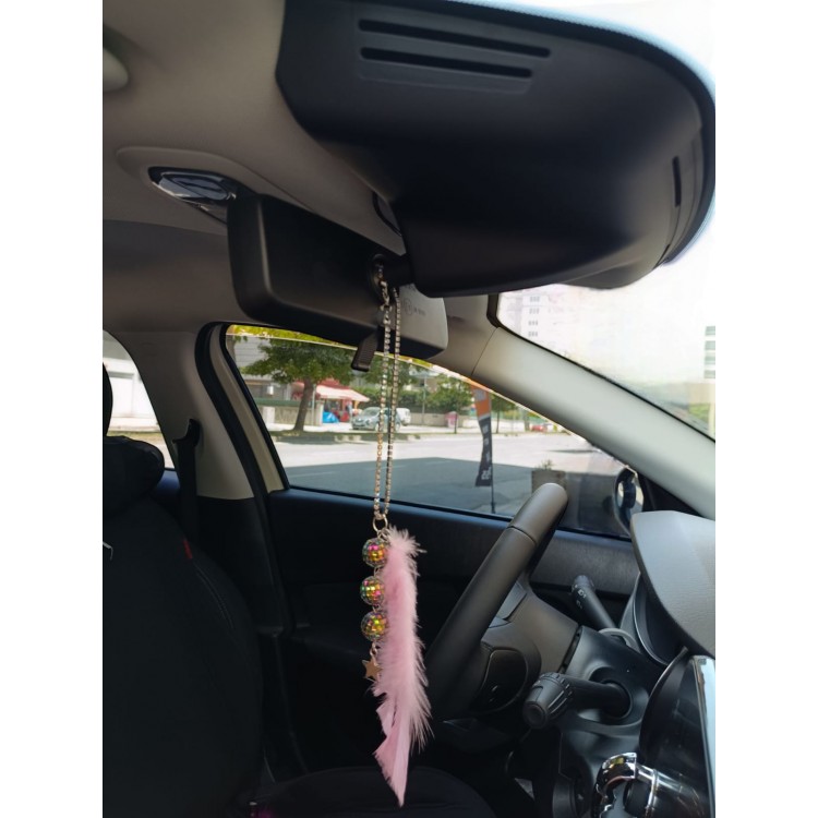 Disko Toplu Metal Yıldız Dikiz Ayna Süsü Şeker Pembe Tüylü