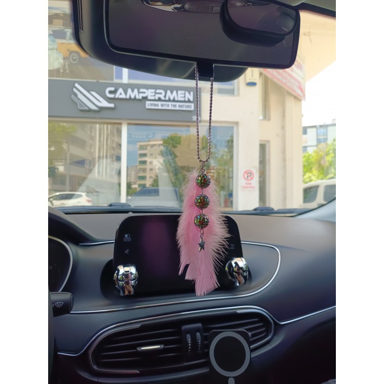 Disko Toplu Metal Yıldız Dikiz Ayna Süsü Şeker Pembe Tüylü