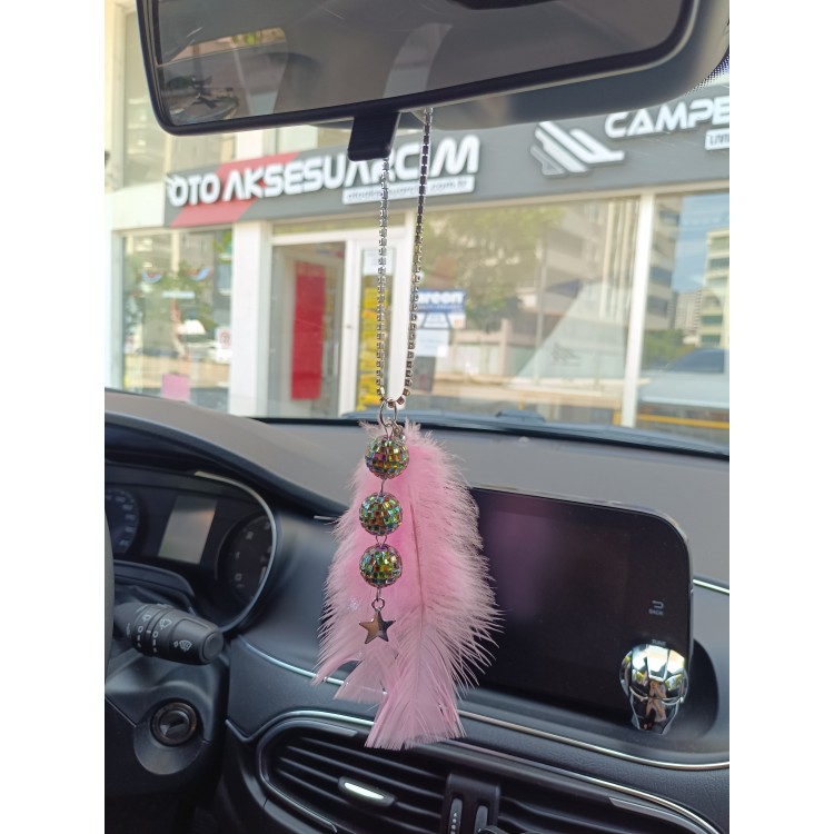 Disko Toplu Metal Yıldız Dikiz Ayna Süsü Şeker Pembe Tüylü