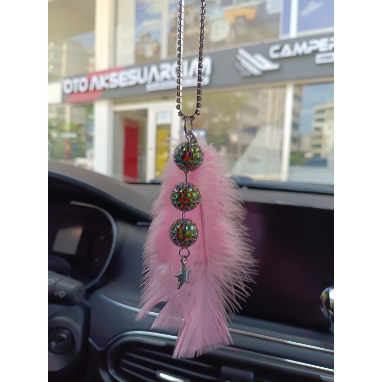 Disko Toplu Metal Yıldız Dikiz Ayna Süsü Şeker Pembe Tüylü