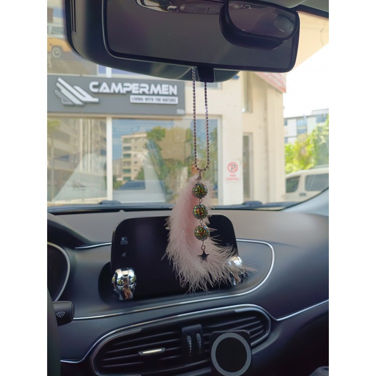 Disko Toplu Metal Yıldız Dikiz Ayna Süsü Pudra Pembe Tüylü