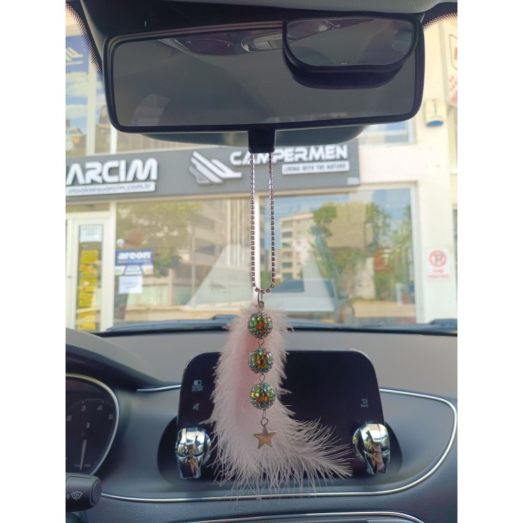 Disko Toplu Metal Yıldız Dikiz Ayna Süsü Pudra Pembe Tüylü