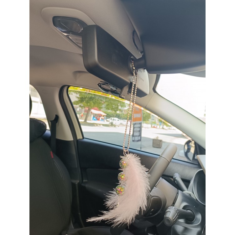 Disko Toplu Metal Yıldız Dikiz Ayna Süsü Pudra Pembe Tüylü