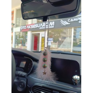 Disko Toplu Metal Yıldız Dikiz Ayna Süsü Pudra Pembe Tüylü