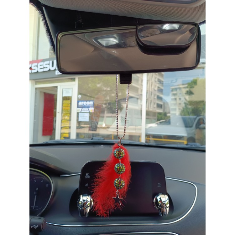 Disko Toplu Metal Yıldız Dikiz Ayna Süsü Kırmızı Tüylü
