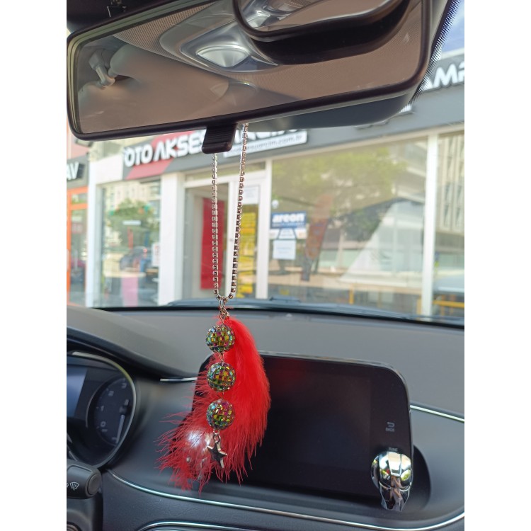 Disko Toplu Metal Yıldız Dikiz Ayna Süsü Kırmızı Tüylü