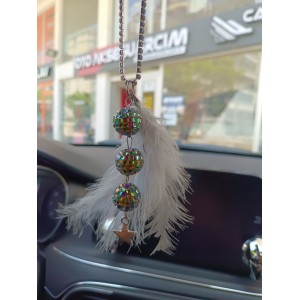 Disko Toplu Metal Yıldız Dikiz Ayna Süsü Gri Tüylü