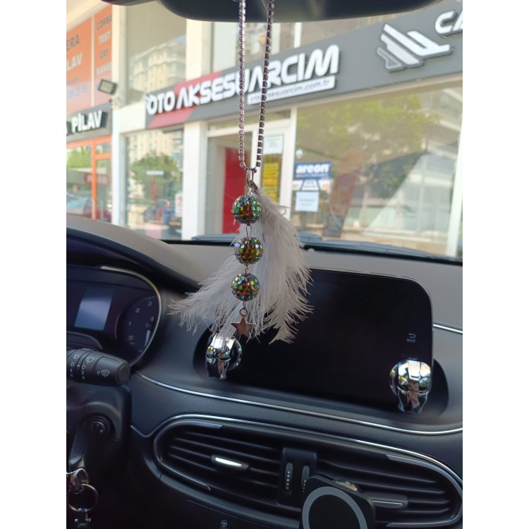 Disko Toplu Metal Yıldız Dikiz Ayna Süsü Gri Tüylü