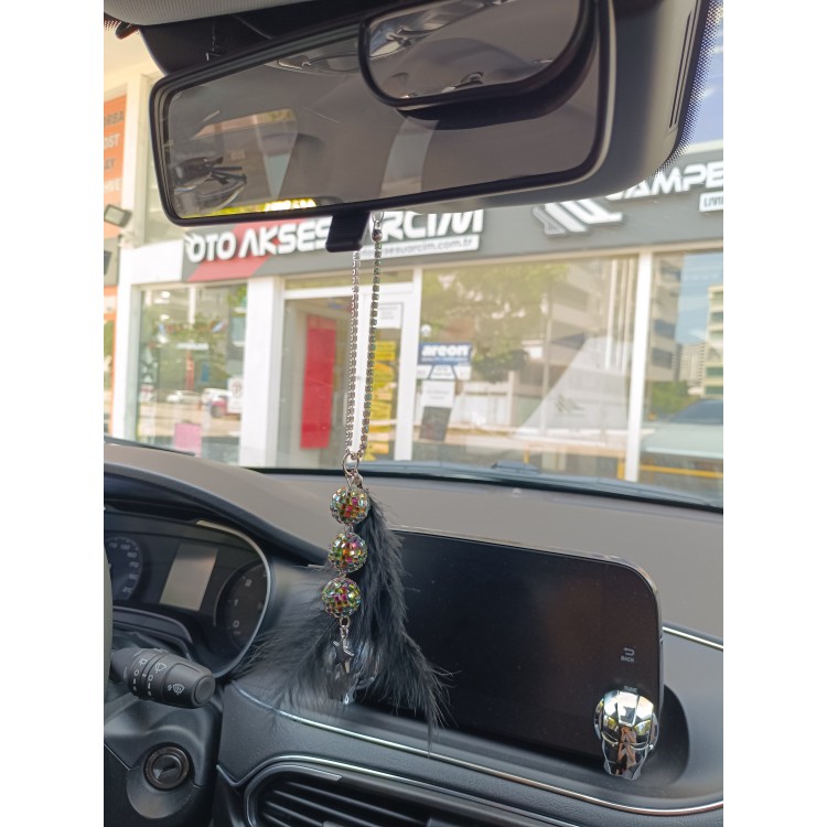 Disko Toplu Metal Yıldız Dikiz Ayna Süsü Siyah Tüylü
