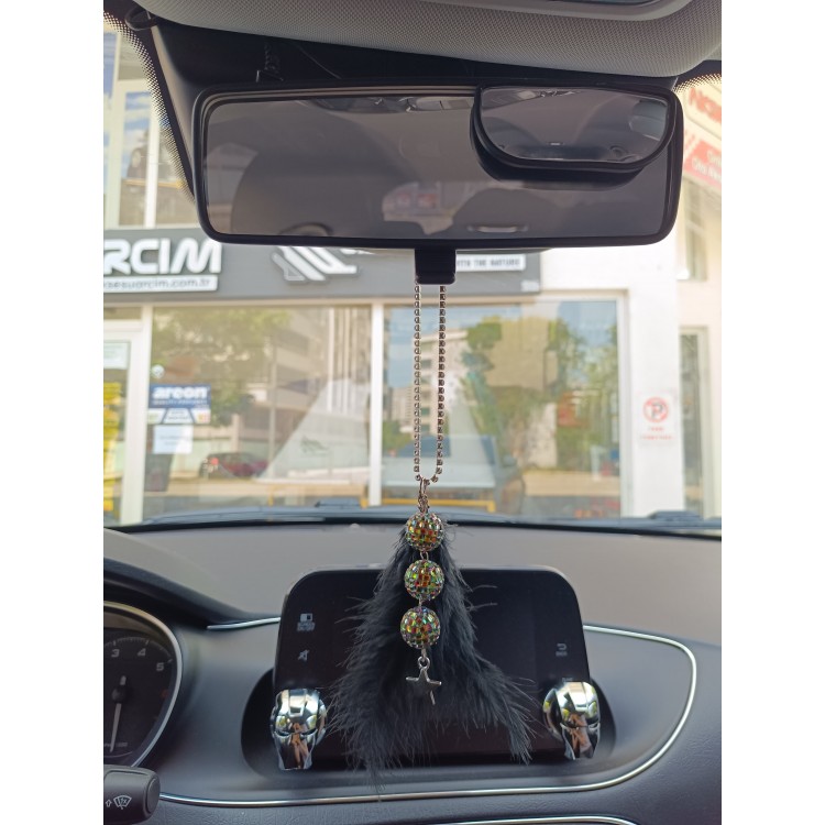 Disko Toplu Metal Yıldız Dikiz Ayna Süsü Siyah Tüylü