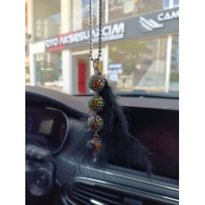 Disko Toplu Metal Yıldız Dikiz Ayna Süsü Siyah Tüylü