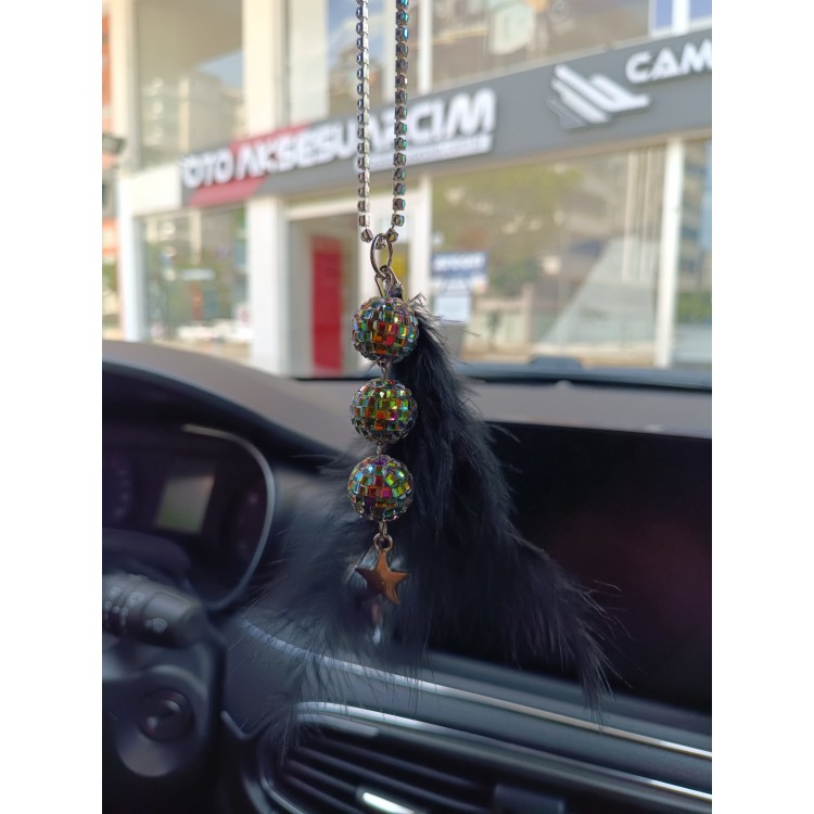 Disko Toplu Metal Yıldız Dikiz Ayna Süsü Siyah Tüylü