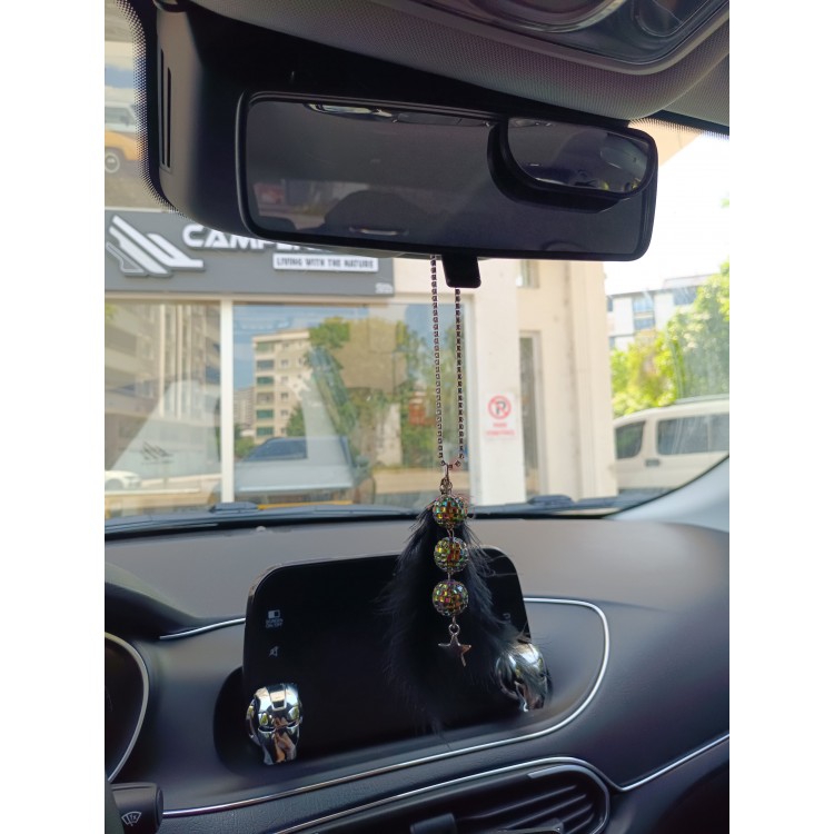 Disko Toplu Metal Yıldız Dikiz Ayna Süsü Siyah Tüylü