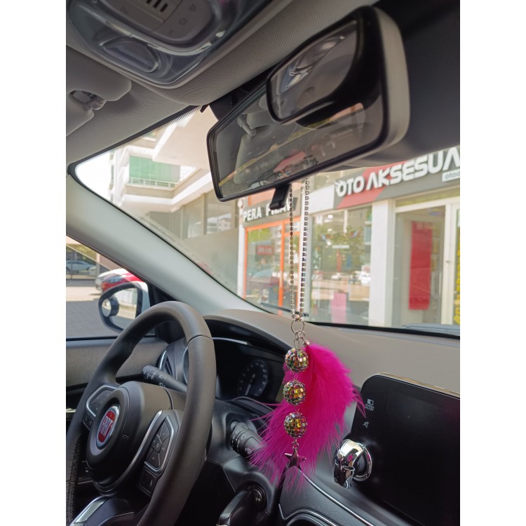 Disko Toplu Metal Yıldız Dikiz Ayna Süsü Fuşya Pembe Tüylü