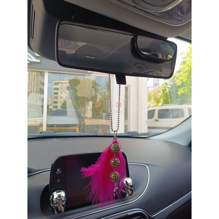 Disko Toplu Metal Yıldız Dikiz Ayna Süsü Fuşya Pembe Tüylü