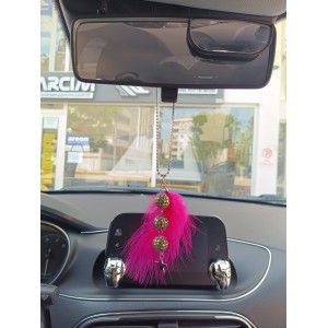 Disko Toplu Metal Yıldız Dikiz Ayna Süsü Fuşya Pembe Tüylü