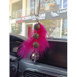 Disko Toplu Metal Yıldız Dikiz Ayna Süsü Fuşya Pembe Tüylü