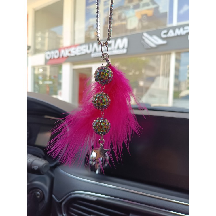 Disko Toplu Metal Yıldız Dikiz Ayna Süsü Fuşya Pembe Tüylü