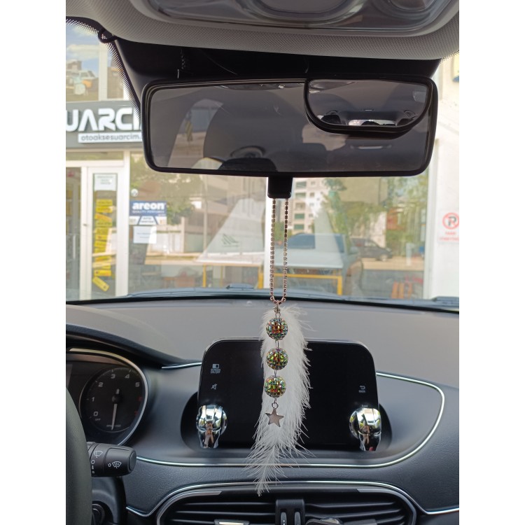 Disko Toplu Metal Yıldız Dikiz Ayna Süsü Beyaz Tüylü