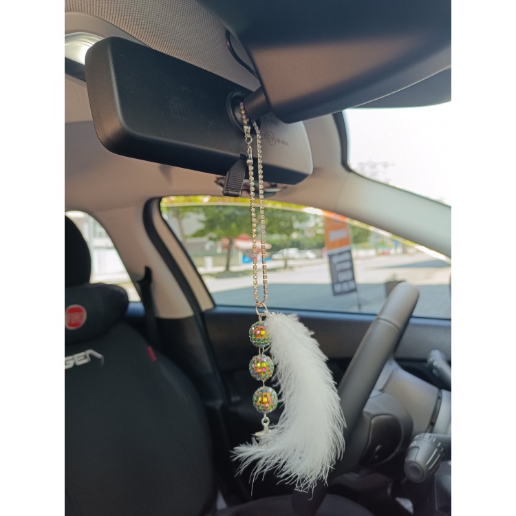 Disko Toplu Metal Yıldız Dikiz Ayna Süsü Beyaz Tüylü