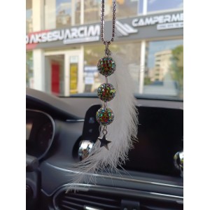 Disko Toplu Metal Yıldız Dikiz Ayna Süsü Beyaz Tüylü